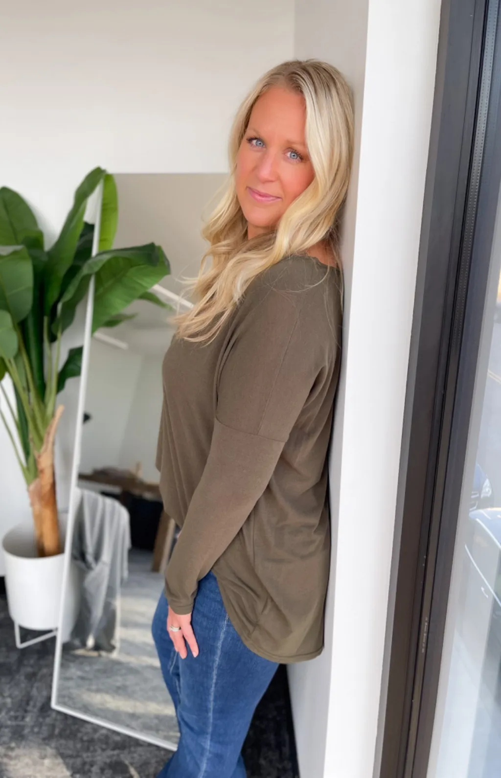Madison Olive Long Sleeve High/Low Top
