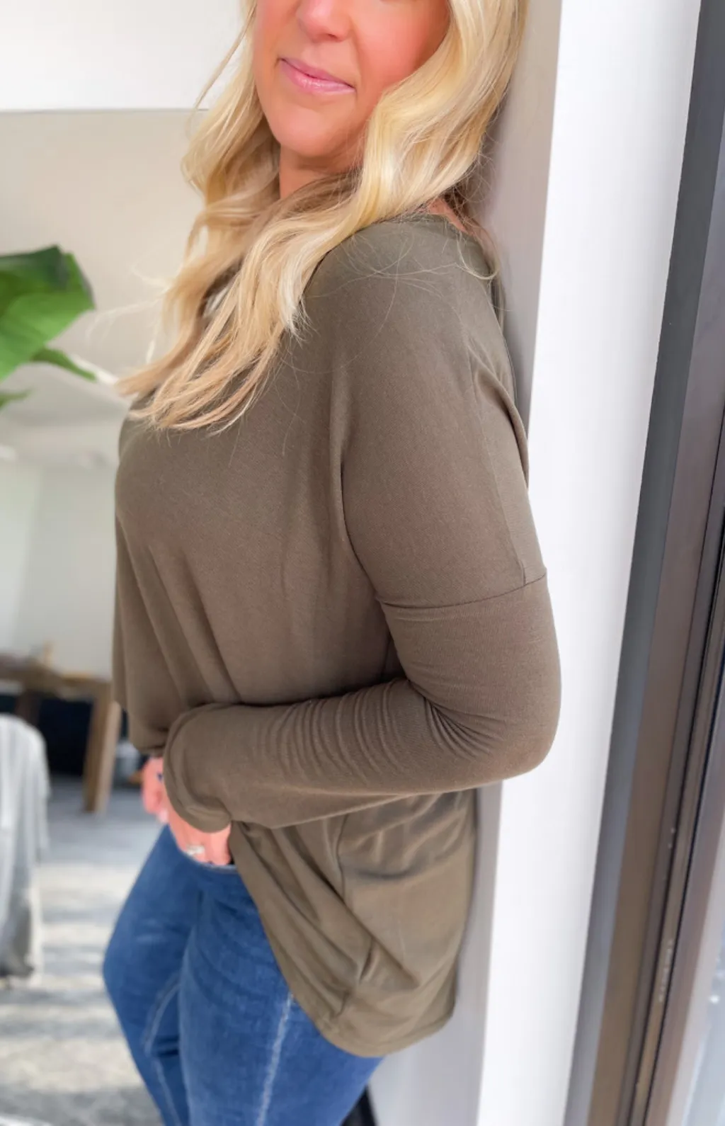 Madison Olive Long Sleeve High/Low Top