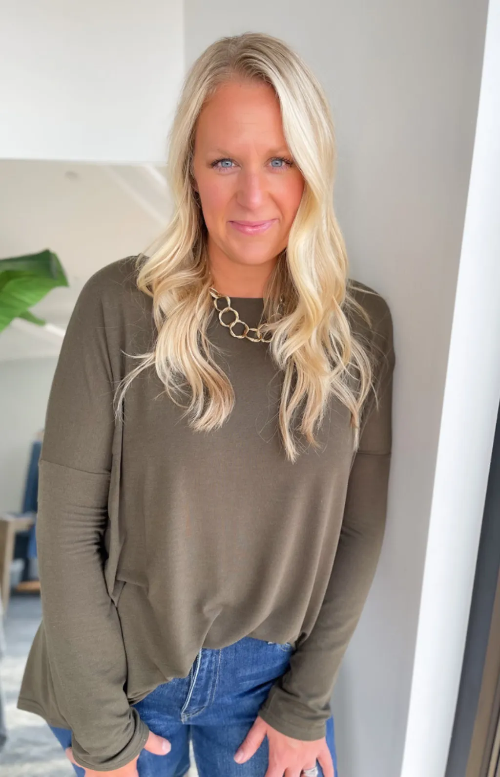 Madison Olive Long Sleeve High/Low Top