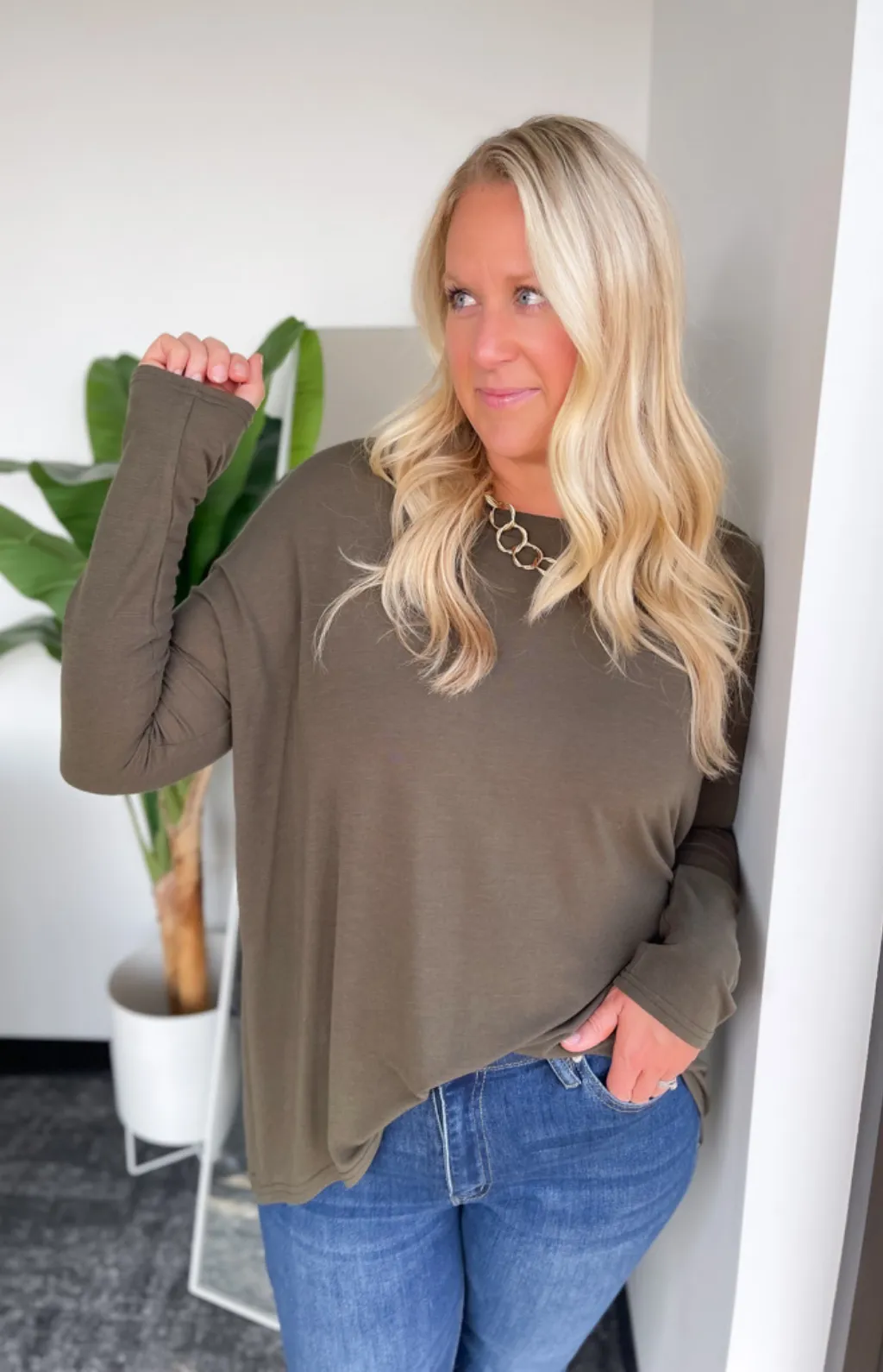 Madison Olive Long Sleeve High/Low Top