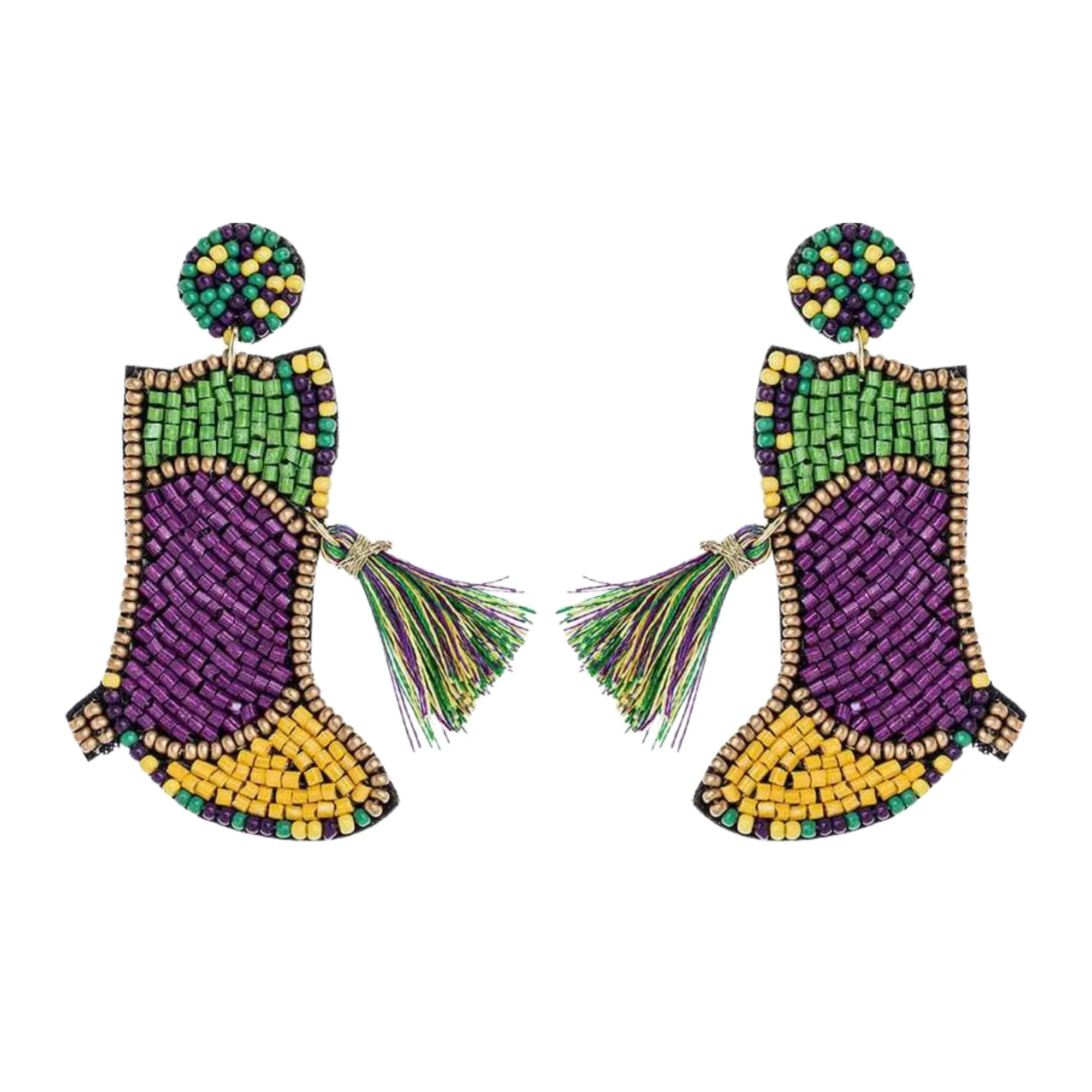 Mardi Gras Boots Beaded Handmade Festive Statement Dangle Earrings