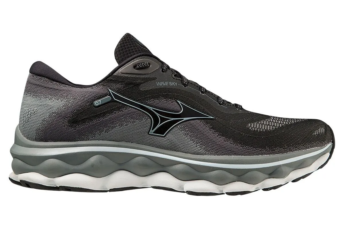 Mens Mizuno Wave Sky 7 2E Wide Black/Glacial Ridge/Stormy Weather, Size 11.5