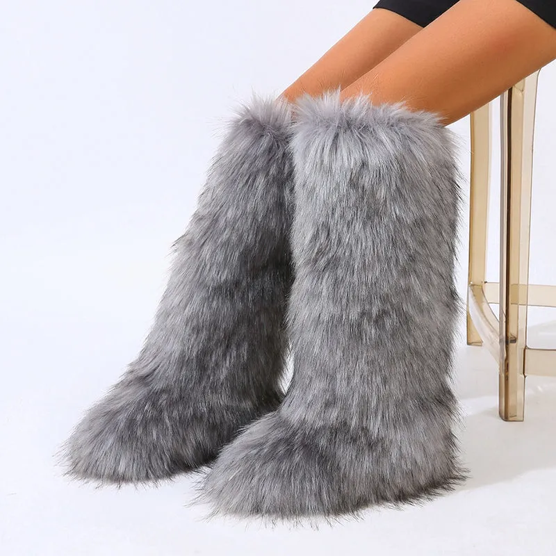 Women's furry faux fur knee high snow boots